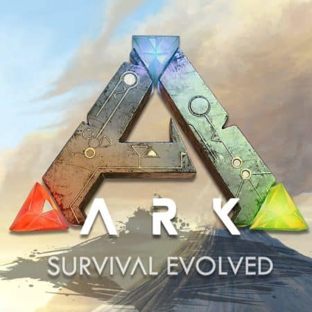 ARK Survival Evolved game logo on scenic background.