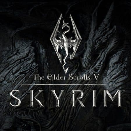 Elder Scrolls V Skyrim logo on dark background.