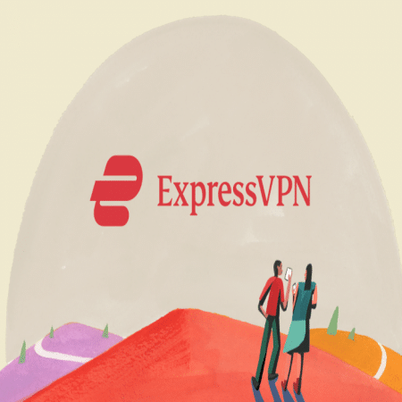 ExpressVPN logo with two people on landscape